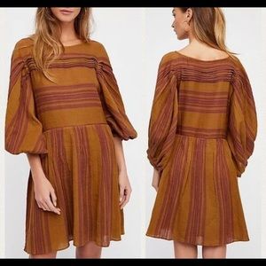 Brown Gauze Stripe Dress Batwing Puff Mini Dress